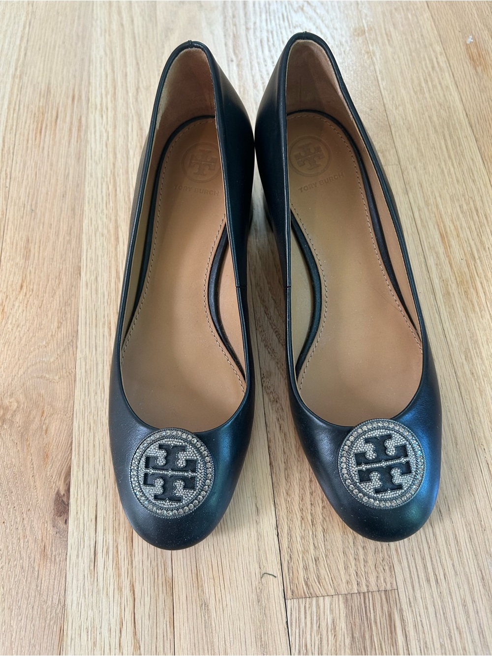 Tory Burch Black Leather Crystal Pave Logo 2 inch heels